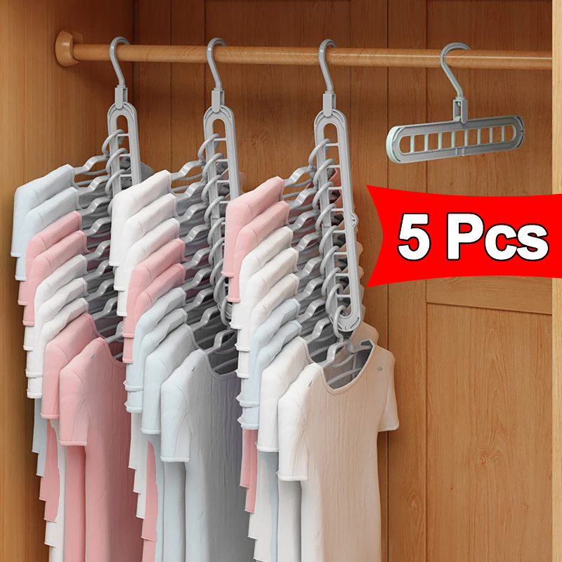 

5-pack Heavy-duty Foldable Plastic Hangers With 9 Holes - Anti-slip, Space-saving Clothes Organizer For Closet, , And Dorm Storage