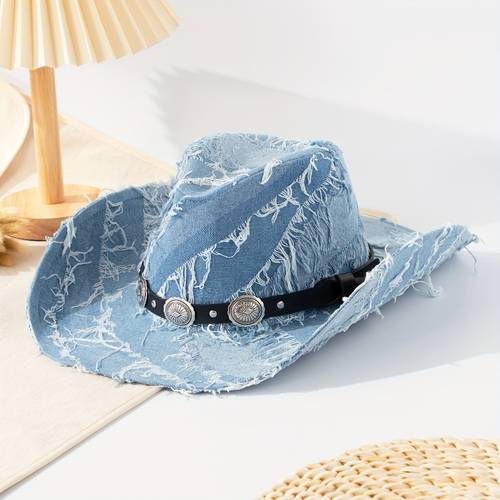 handmade distressed silvery rivet trim western cowboy hat retro solid color camping hiking sun hat unisex outdoor party gift idea