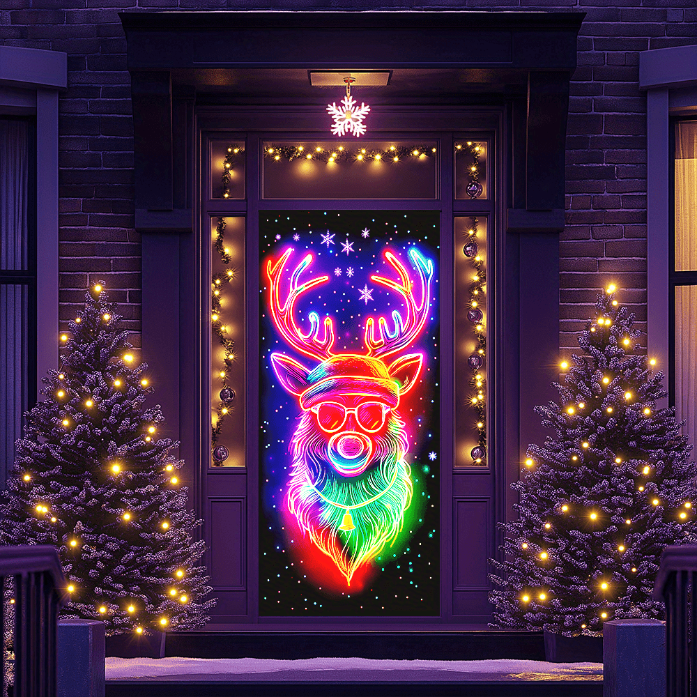 

2d Door Banner Cyberpunk Christmas Reindeer Door Banner, 100% Polyester -the-dark Neon Flag, Uv Light Activated, Multipurpose Use, With No Electricity Needed For Christmas