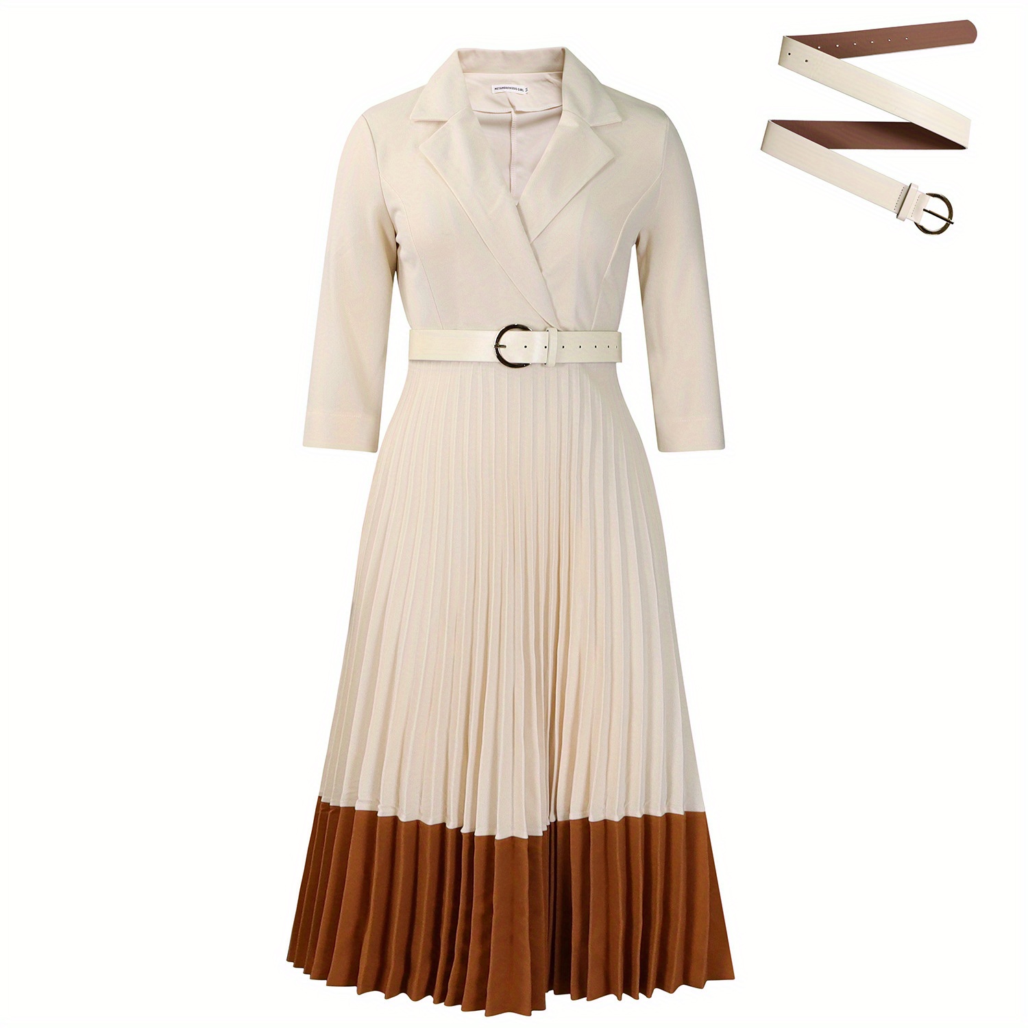 

1pc Elegant Pleated Dress For Women - Polyester , Suit Style Collar, Design, Spring/, Dressy With Belt Detail