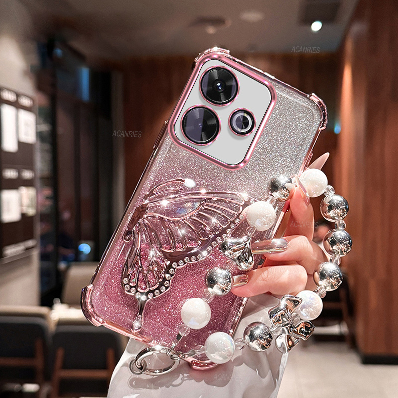 TEMU Luxury Plated Shockproof Phone Case With Thickened Corners And Glitter For Xiaomi Redmi 13, Featuring A Quicksand Stand And An Elegant Bracelet