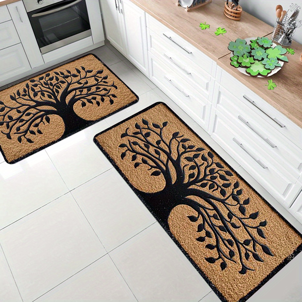 TEMU Set di tappetini da cucina e morbidi per la casa, 2 pezzi/3 pezzi, design albero della vita, antiscivolo, lavabili in lavatrice, tappetino,