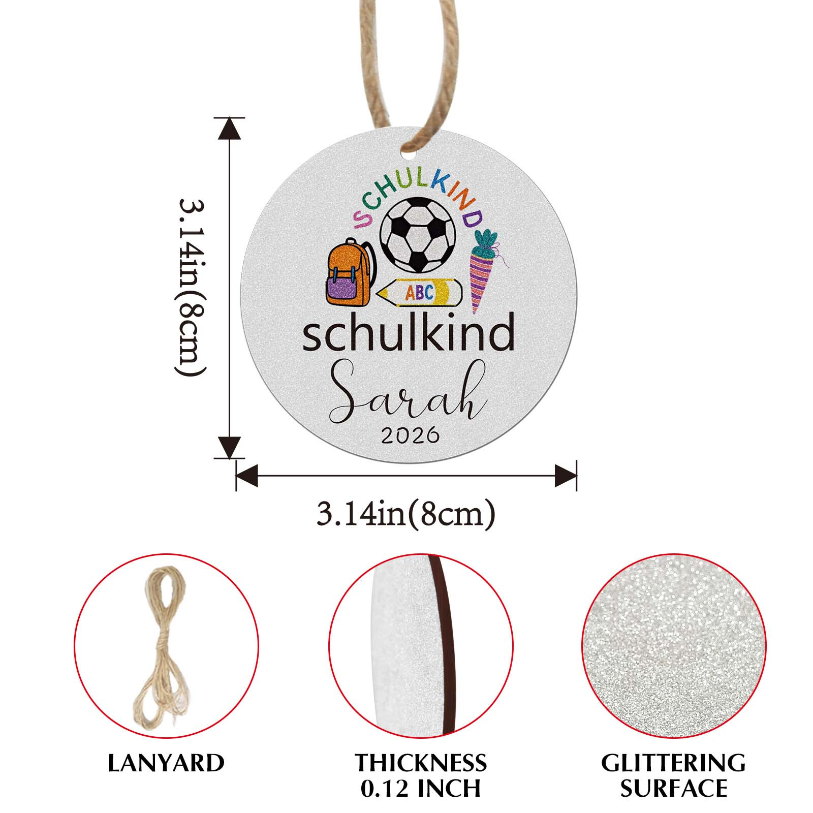 TEMU 1pc Personalized German Back-to-school Hanging Ornament, Holiday Pendant, Hanging Decoration Party Decor, Personalized Name, Sparkling Silvery