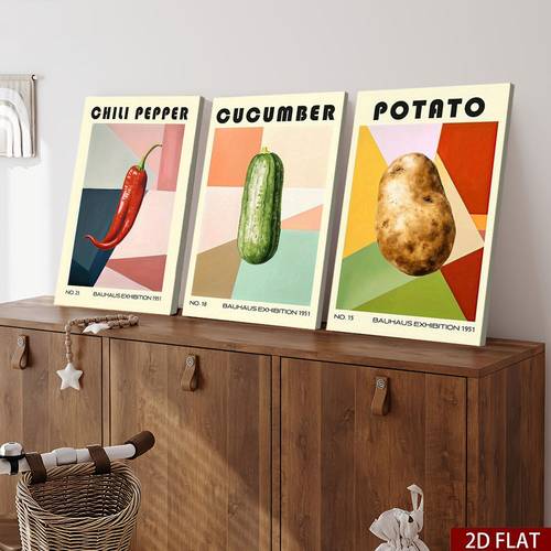 2d flach, 2d flach, 3-teiliges bauhaus-druck - vertikale chili-pfeffer gurke, für büro restaurant dekor, retro minimalistische geometrische leinwandgemälde mit hakenrahmen, hängende dekorationen für zeitgenössische räume für wohnung