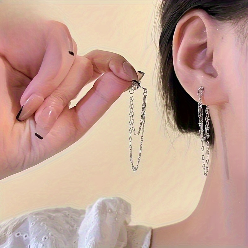 a pair of elegant earrings with double layer chains and tassels suitable for gift   and daily wear classic daily jewelry accessories holiday and birthday gifts anniversary gifts   Product details 1
