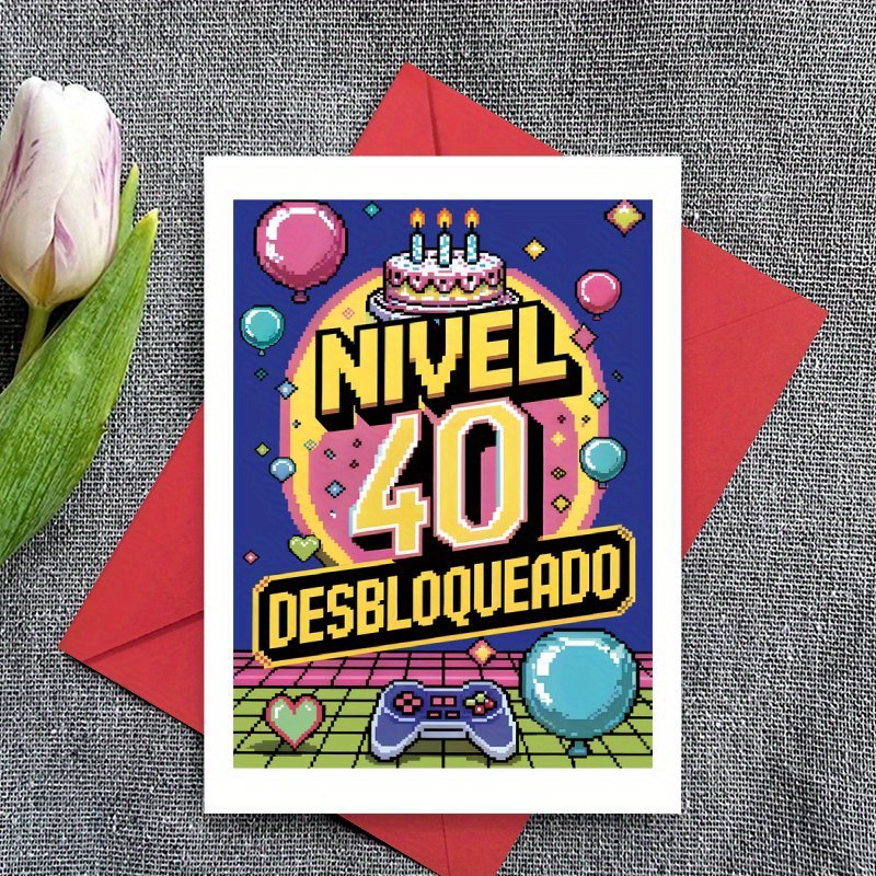 TEMU Tarjeta de Estilo Español con Temática de Videojuegos para Cumplir 40 Años, para Géneros, un Gran Regalo para y Familiares que Celebran su 40 ,