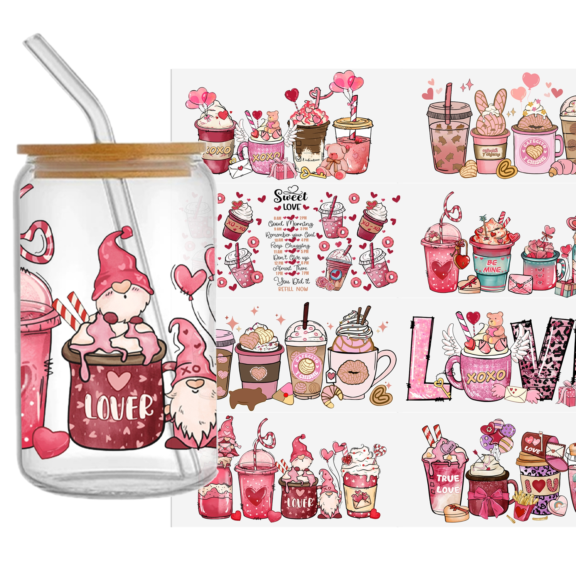 

8pcs Valentine's Day Cartoon Heart Dessert Uv Dtf Transfer Stickers, Self-adhesive Waterproof Decals For 16oz Glass Cups, High- Plastic Stickers With Glitter, Love Themed Diy Decor For Cups