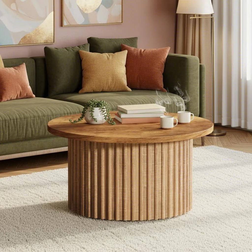 80cm Round Farmhouse Coffee Table, Modern Wood Grain Center Table With Metal Base For Living Room Or Home Office (only Table 1pc)