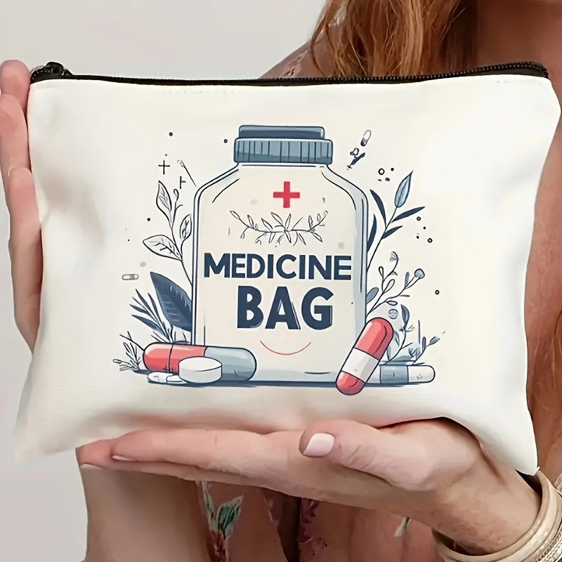 Image of 1pc Medicine Bag Travel Pouch - Lightweight, Foldable Cosmetic Organizer With Zipper Closure, Hand Washable, White With Herbal Design, Storing Medications And Toiletries, Toiletry Travel Bag