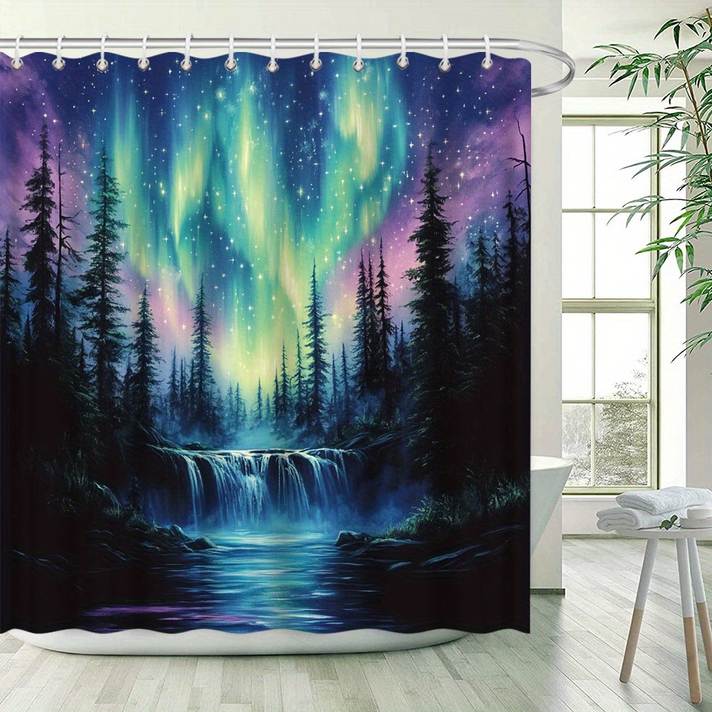 TEMU Rideau de Douche Forêt des Aurores Boréales Mystiques - Vibrantes, et d'Eaux, Ambiance Envoûtante, Tissu en Polyester, 180x180cm, Comprend 12