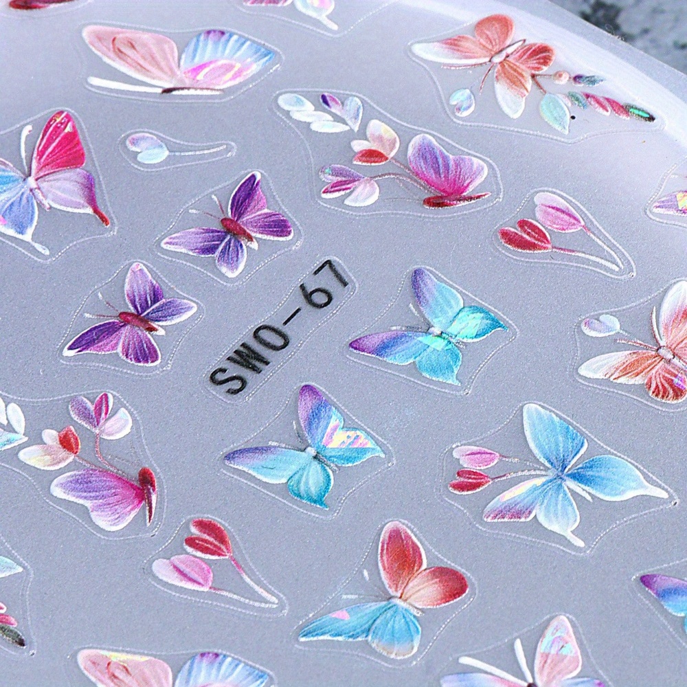 1pc Colorful Gradient Nail Stickers - Embossed Diy Y2k Style Self-adhesive Gel Decals For Nail Art, Vibrant Pastel & Iridescent Designs, Easy To Apply, Long Oval Nails, Nail Art Stickers