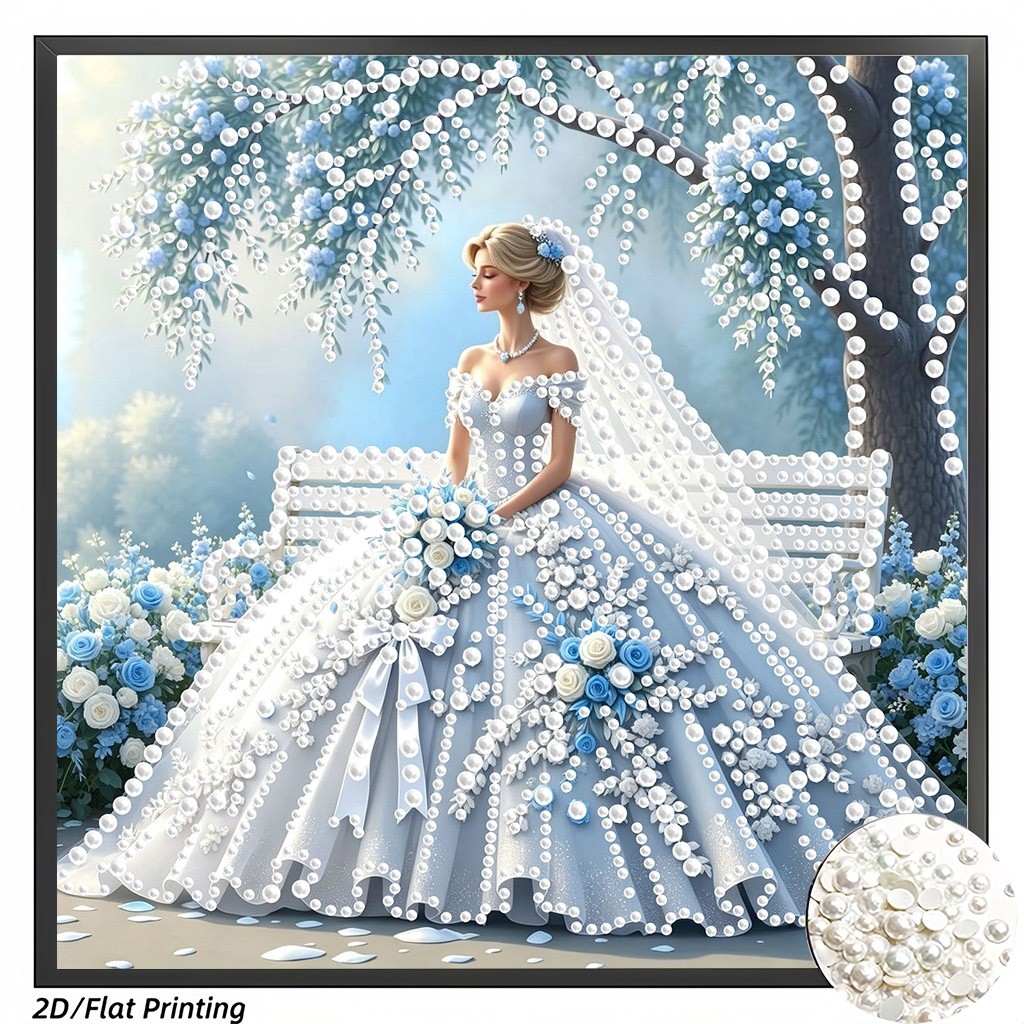 TEMU Painting 5d Pearl Diamond Painting Kit, Romantic Pastel Bride In White Wedding Gown With Blue Floral Details Pattern On Canvas, No Frame Art