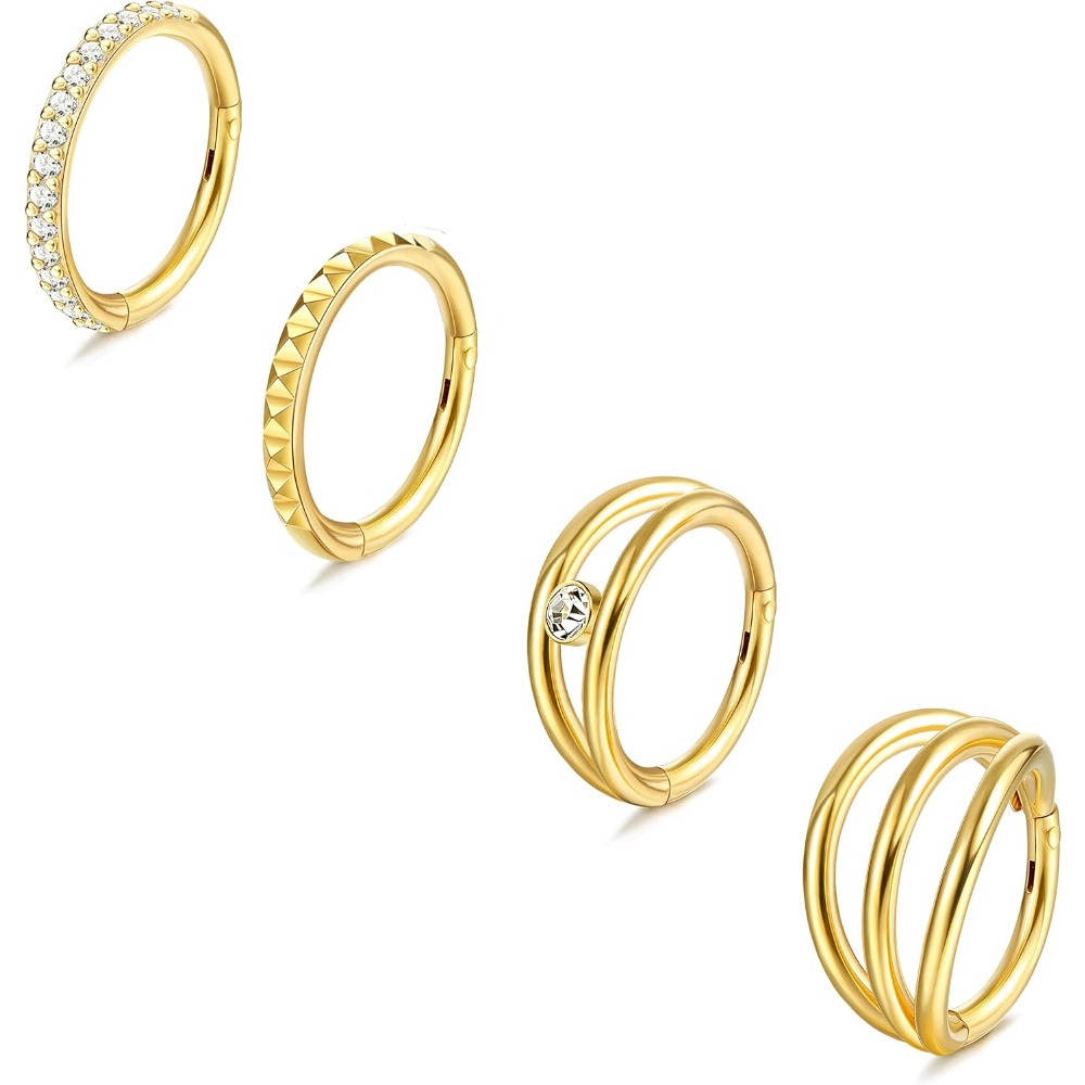 Image of 4pcs Stainless Steel Septum Clicker Nose Rings | With Zirconia Hinged For Lip, Helix, Cartilage, Daith, Tragus | Piercing Jewelry For Women | By Milacolato