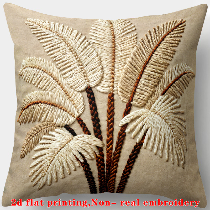 TEMU 1pc, 2d Flat Printing, Throw Pillow Cover, Tropical Themed Pillowcase, Palm Leaves, Rattan Weave Pattern, , . Embroidery, Suitable For Living