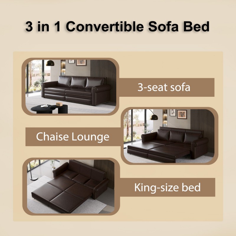 Modern Convertible Sofa Bed 93.7' Space-Saving Sleeper with Pull-Out Design Three-Seater Leather Folding Transformable Durable Luxurious Suitable Adjustable Backrest Plush Cushions Cozy for Living Room