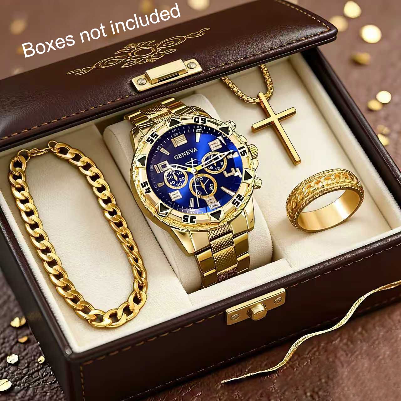 4pcs mens luxury golden alloy steel watch band quartz watch - Temu