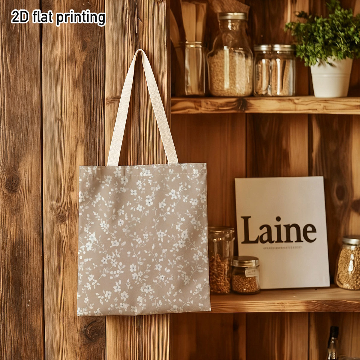 TEMU 1pc Women's & Unisex Vintage Floral Tote Bag - Beige With White Flowers, Durable Canvas Handbag Suitable For Grocery Shopping, Picnic, Market,
