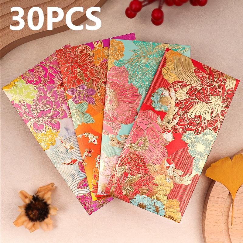 TEMU 30pcs 2026 Random Mixed Chinese New Year Red Envelopes & , Traditional Flower Fish Patterns, (green, Orange, Red, Purple), For Weddings,
