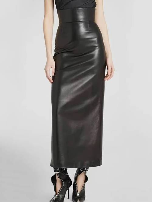 high waisted midi pu pu pencil skirt