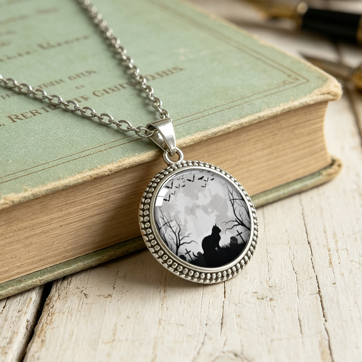 Gothic Graveyard Pendant Necklace with Black Cat & Raven Print