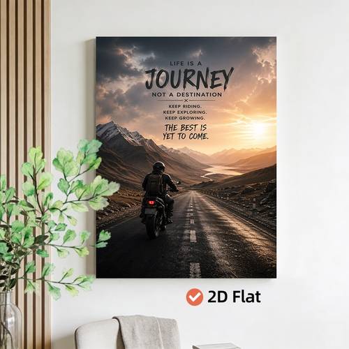 2d düz, 2d düz motosiklet sürücüsü, gün batımı gökyüzü ve motivasyonel alıntı kanvas tablo, oturma odası ofis için 2d düz ahşap çerçeveli kanvas duvar sanatı