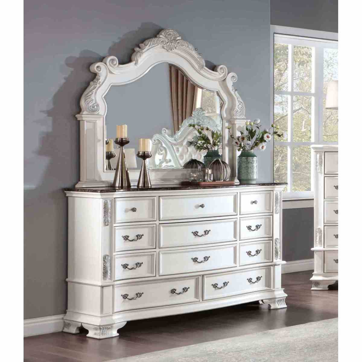 Luxury White 1pc Dresser Dovetail Drawers Genuine Marble Top Bronze Round Knob and Hanging Pulls BedroomEasy to Install Storage Unit Ready to Use Out of Box