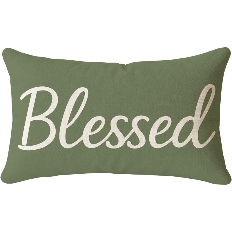 TEMU 2d Flat Printing Throw Pillow Covers Decorative Throw Pillow Covers 12x20 Inch Olive Green &ndash; Blessed Lumbar Spring Summer Farmhouse Decor For Couch Sofa Bedroom Rustic Home Decorations