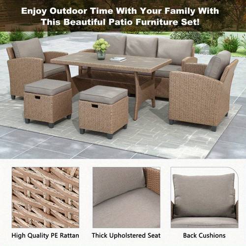 6piece Outdoor Rattan Wicker Set Patio Garden Backyard Sofa Chair Stools and Table Natural