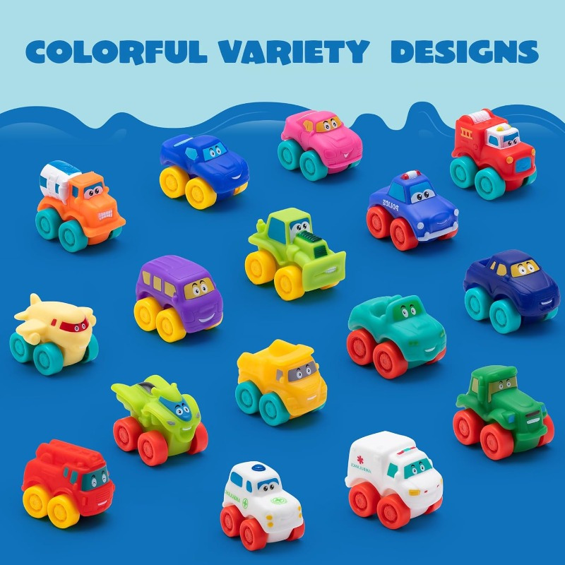 TEMU 16pcs Cartoon Cars, Soft Toy Car Set For Kids, Mini Vehicles, Bath Toy Car For Toddlers, Summer Beach And Pool Activity, Multi-item Party Favor