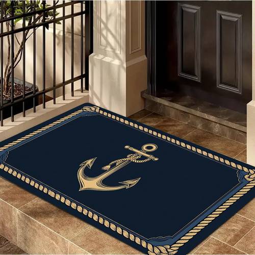 1pc nautical doormat non slip entry mat with navy blue golden accent design machine washable indoor outdoor mat for patio porch living room farmhouse decor welcome for front door sophisticated border flannel surface patio decor durable polyester