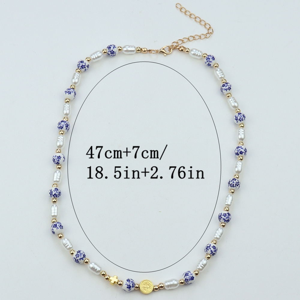 Women's Vintage Chinese Style Ceramic & Beaded Cross Chain Necklace
