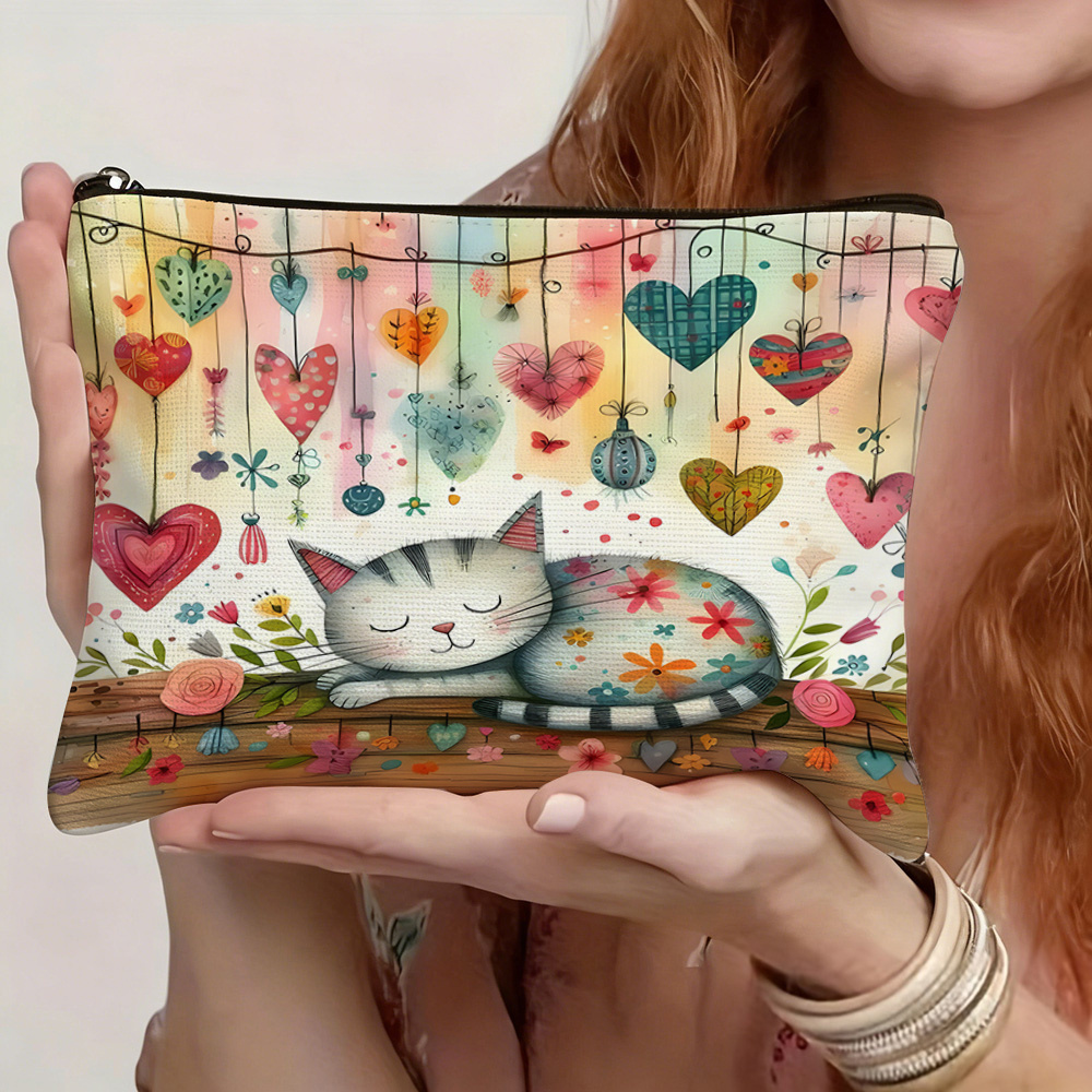 TEMU Borsa da trucco A Floral Kitten Love, con un design a tema amore. Adatta per riporre cosmetici e articoli da viaggio. � un regalo per matrimoni,