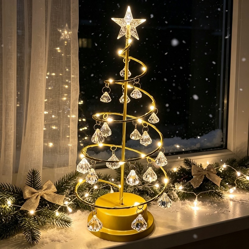 TEMU Veilleuse sapin de Noël LED en fil de cuivre, cadeau de fêtes, blanc chaud, pendentif en cristal, IP65, ornement de décoration de pièce élégant,