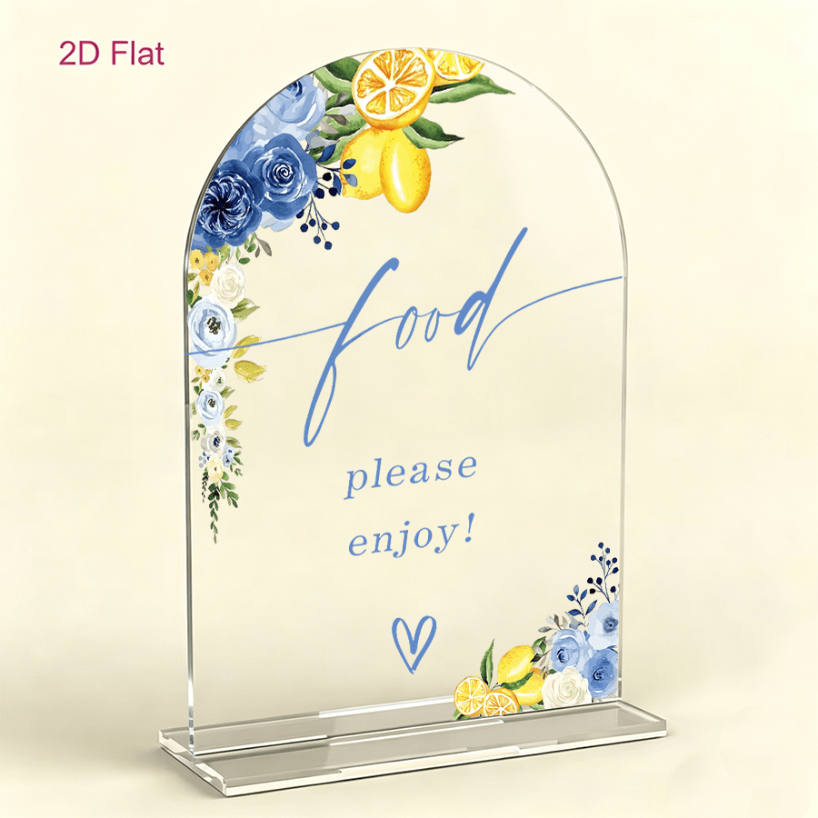 TEMU 2d Flat - [2d Flat] 1pc Pack, Food Please Enjoy Desktop Sign, Blue Floral And Lemon Pvc Plaque Decoration, Wedding Bride Gift Party Desktop