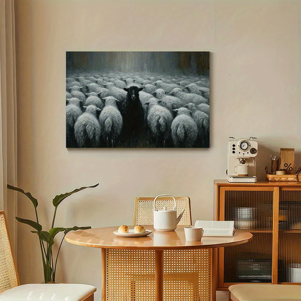 1pc Black Sheep in White Flock Canvas Art Print - Frameless Wall Decor for Living Room, Bedroom, Office, Bar, Cafe - Ideal Gift for Thanksgiving, Halloween, Christmas, New Year'S Day, Sheep Decor
