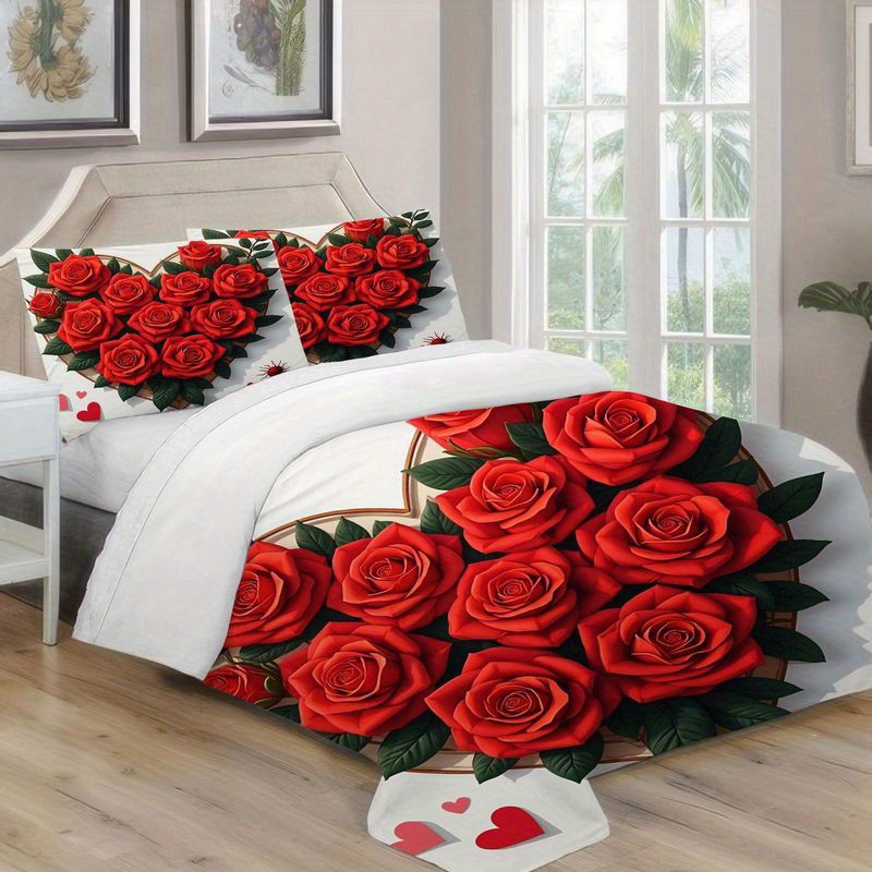 3pcs red   pattern bedding   design,   theme duvet   with pillowcases, soft microfiber fabric for master bedroom home decor, valentine s day wedding gift 1 duvet  +2 pillowcases, home decoration, bedroom decor,  , romantic decor, durable material, comfortable fabric, decorative bedding, pillowcase set,  , couples gift Product details 4