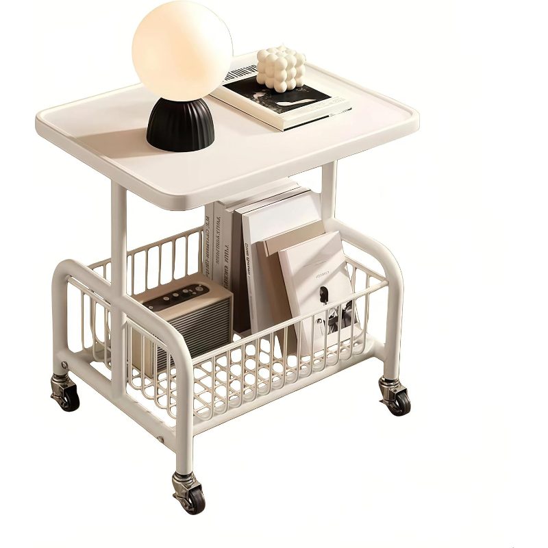 item picture 2 Layer Movable End Table, 360 Degree Rotating Wooden Coffee Table, Rolling Tool Storage Cart with Wheels for Living Room, Kitchen, Bathroom, Bedroom, Office (White)