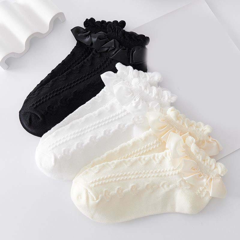 Image of 3-pair Japanese Lolita Style Jk Socks For Women - Cute Fungus Lace & Short Bow Ankle Socks, Solid Color (//) - Summer Thin Trendy Lolicon Stockings For & Casual Attire 3-pair Pack