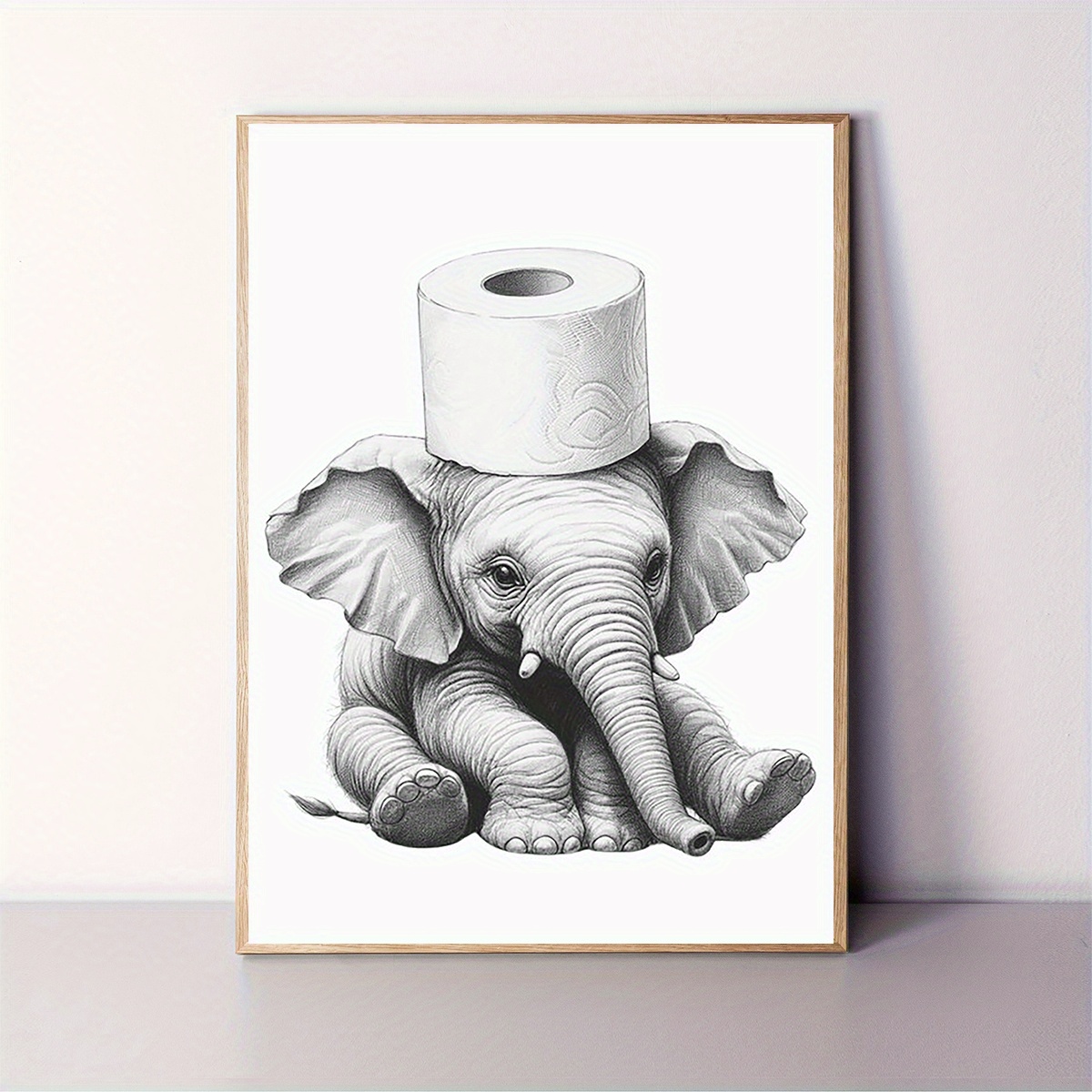 TEMU 2d Flat, 2d Flat, [2d Flat] 1pc Whimsical Elephant Bathroom Canvas Art - 12x16" Frameless, Minimalist Toilet Print, Animal Wall Decor For Home,