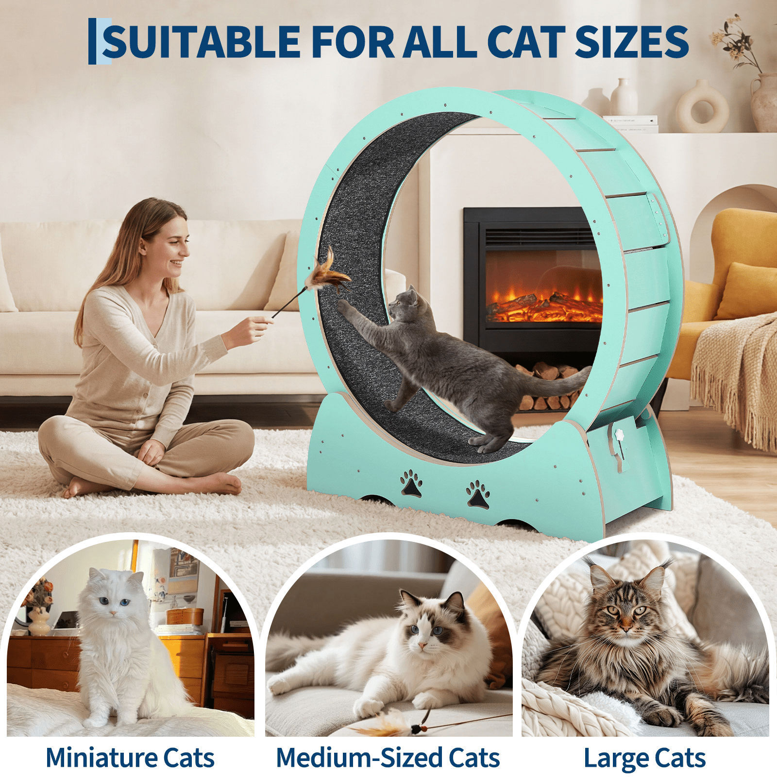 Image of Large Mint Green Cat Treadmill, 100cm In Diameter, Constructed From Sturdy E1 Density Board, Featuring A For Your Pet's Comfortable Workout