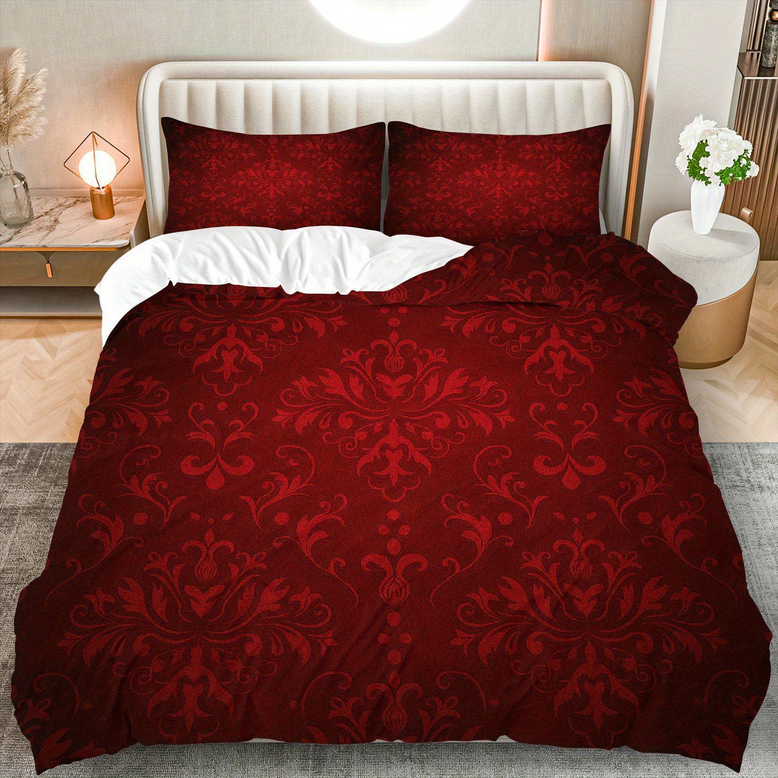 TEMU 3pcs Duvet Cover Set, 1 Duvet 2 Pillowcases(without Filler), Red Damask Vintage Baroque Floral Theme, Valentine's Bedding Set, Luxury European