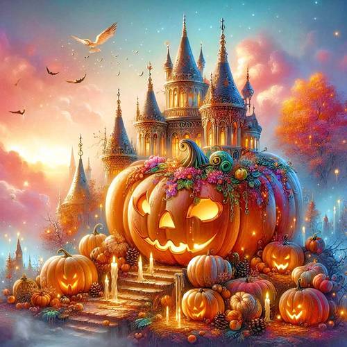 popular 5d diy large size diamond painting set suitable for adult beginners featuring round patterns for halloween easter christmas and valentines day with a scary pumpkin castle design ideal for home bedroom hallway