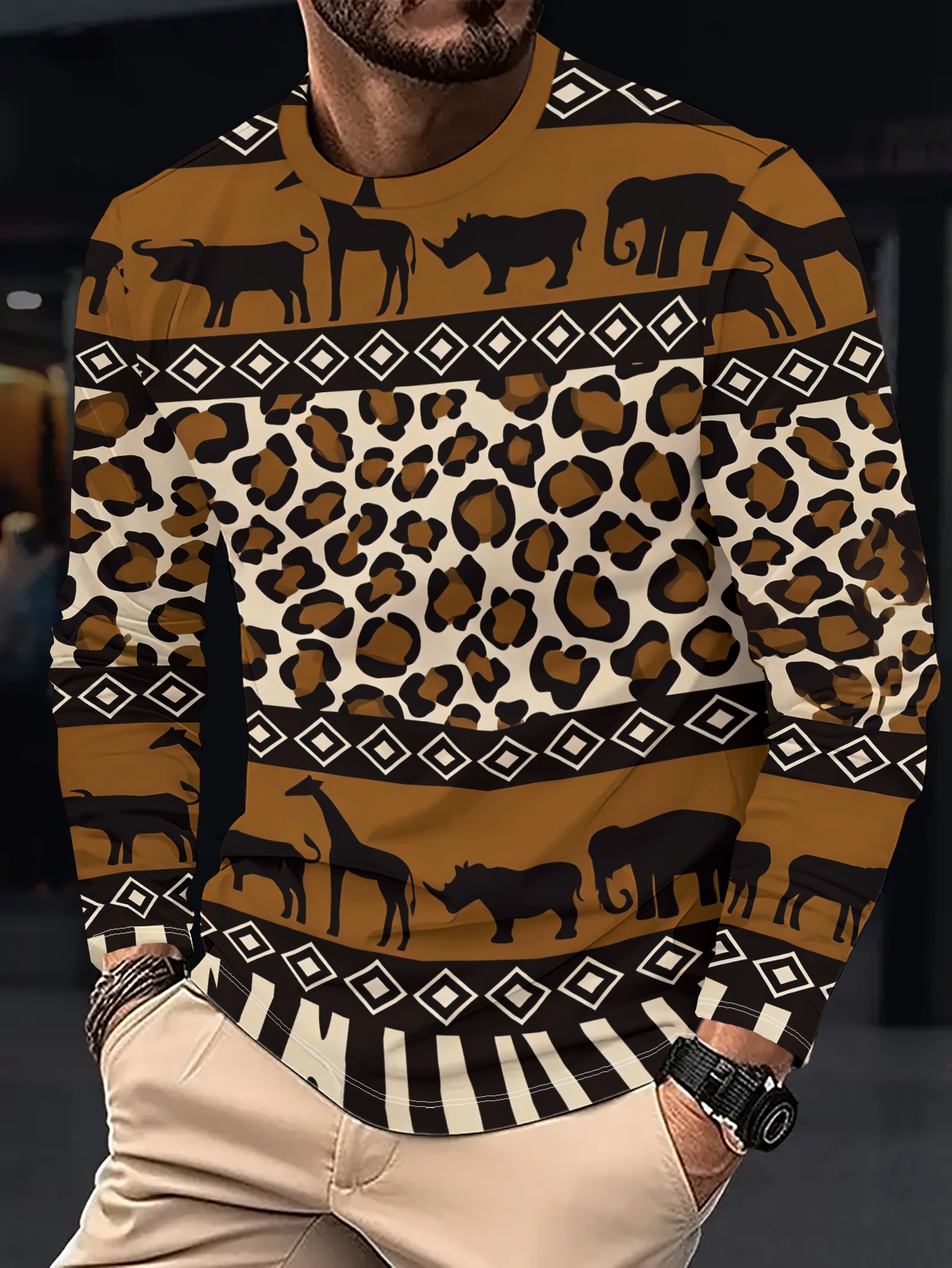 camiseta de   larga para hombre, estampado de animales africanos, corte regular casual, top   y a  , ropa   de moda para hombre,   transfronteriza