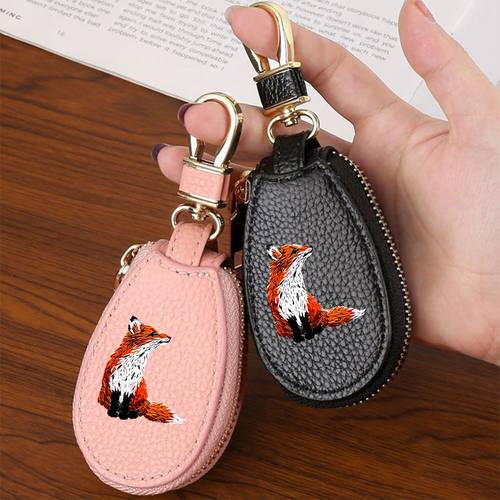 photo de l'article 1 étui de clé de voiture brodé renard de haute qualité, pochette à fermeture éclair avec porte-clés, portefeuille porte-clés portable pour femmes, accessoires de voiture