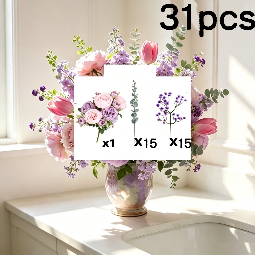 TEMU 31pcs Premium New Style Mixed Simulation Purple- Bouquet With Eucalyptus And 's Breath, Suitable For Weddings, Home, Garden, And Tabletop Decor,
