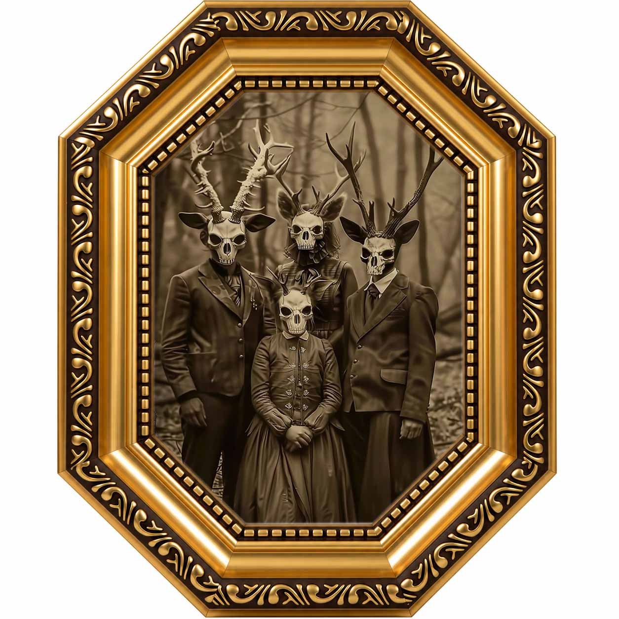 TEMU 2d Flat, 2d/flat, 1pc Framed Gothic Deer Portrait Wall Art In Ps Resin Octagonal Gold- Patterned Frame | Dark Academia For Living Room, Office,