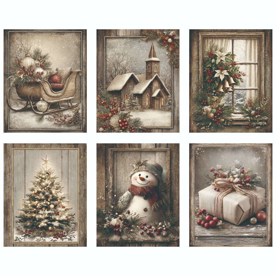 TEMU 6pcs Set Vintage Christmas Wall Art Posters - Frameless Decor With Snowman, Wreaths, Sleigh & Rustic Farmhouse Scenes - 8x10 Inch Antique-style