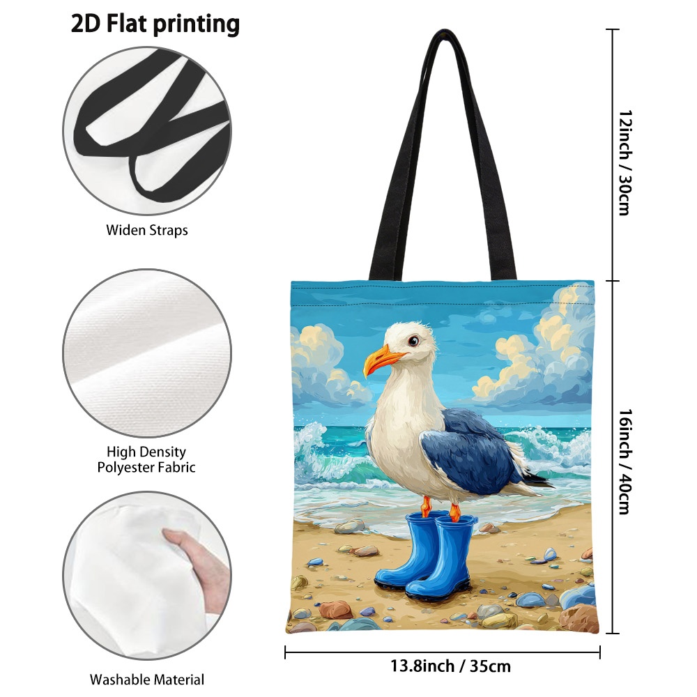 TEMU 1pc 1pcs Colorful Seagull Tote Bag Suitable For Beach, Grocery & Daily Use - Double-sided Hot Transfer Print Reusable Bag With Seagull & Blue