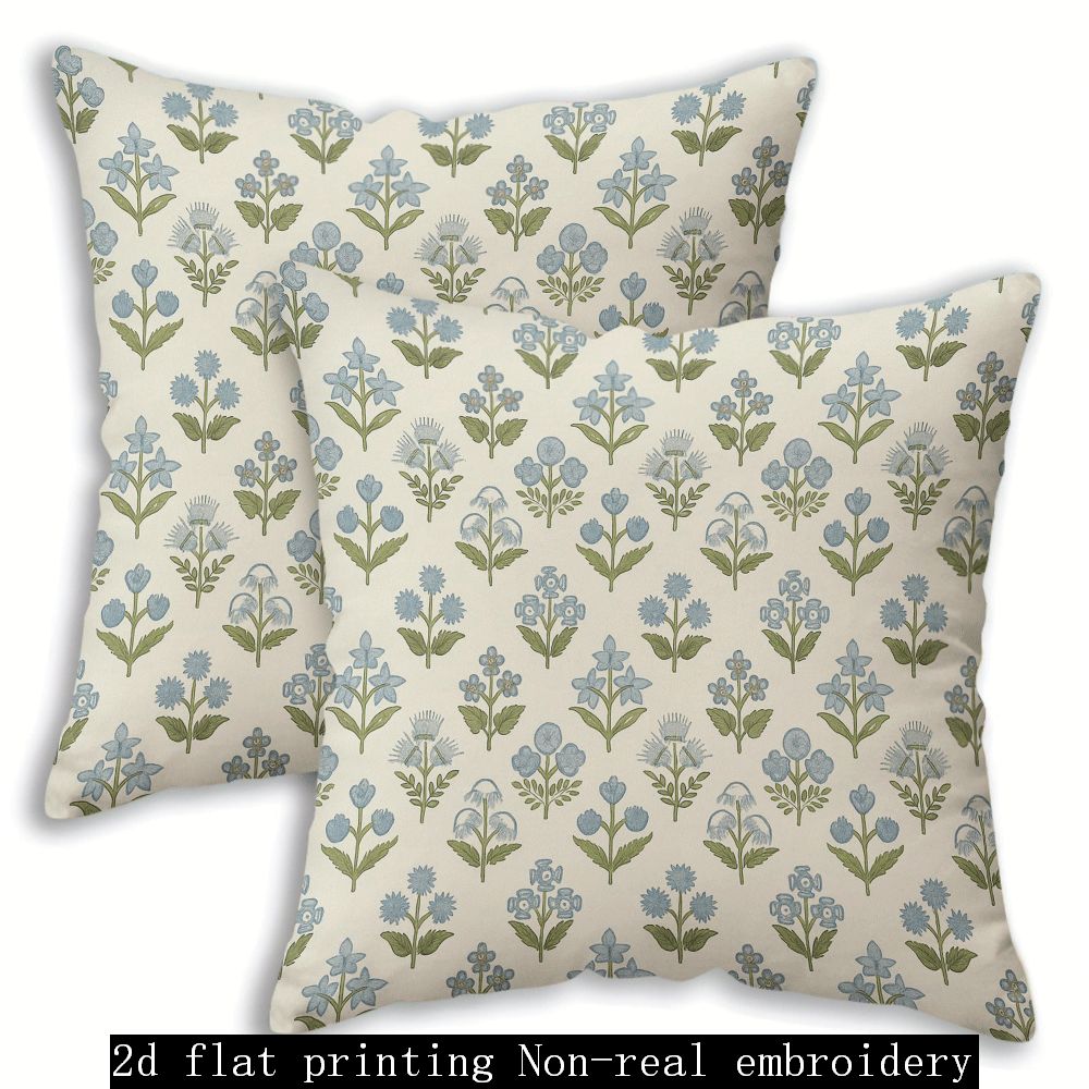 TEMU 2 Fundas de Almohada con Estampado de Flores Azules y Hojas Verdes, Varios Tamaños Disponibles, Impresión 2D de un Solo , Cremallera, Poliéster