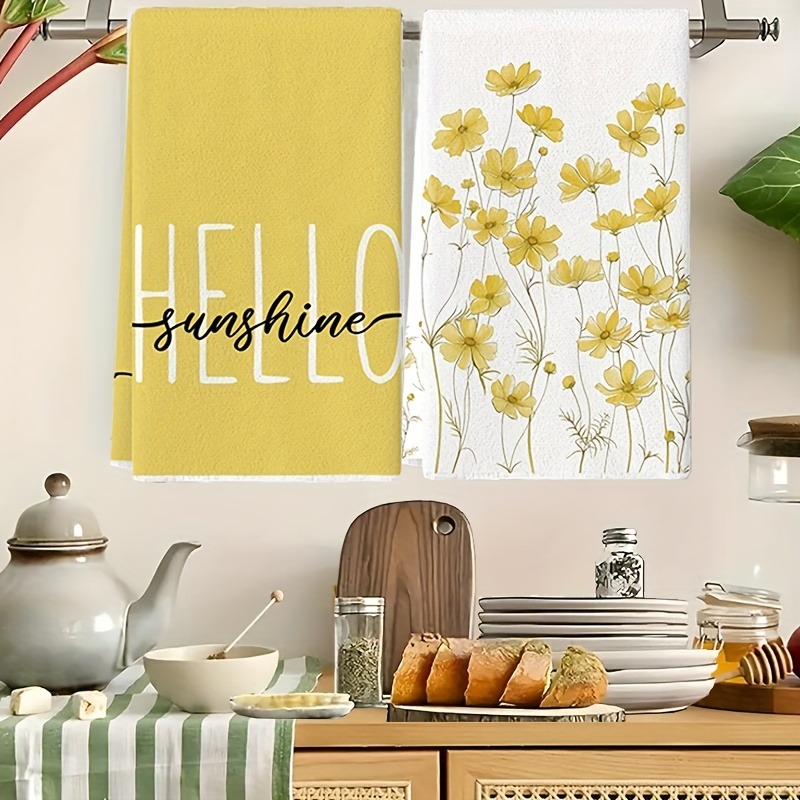 TEMU 2-pack Yellow Daisy Kitchen Towels, Spring/summer Decorative Absorbent, "". Suitable For Home, Bathroom, Parties, And Decor - Microfiber Kitchen